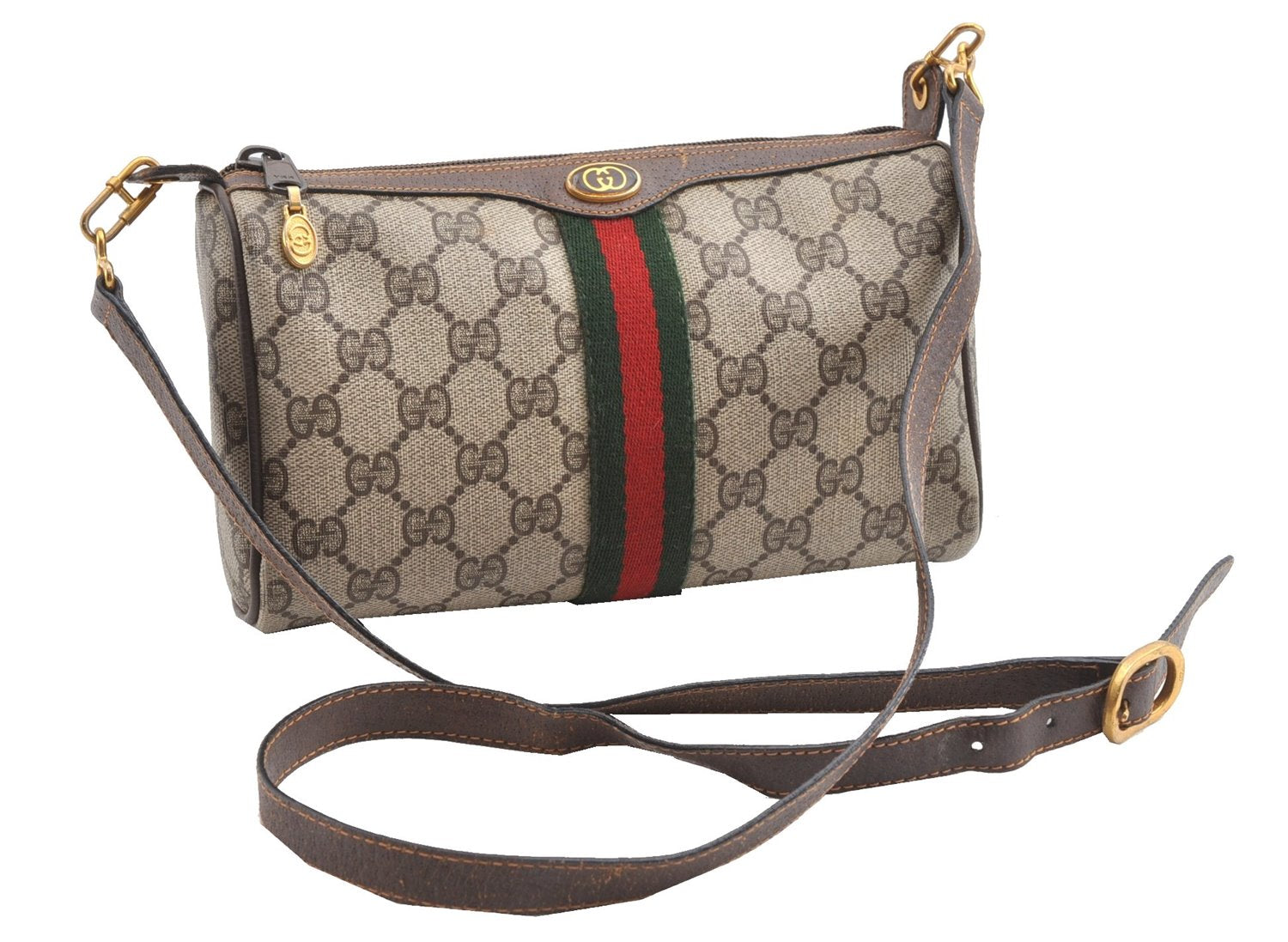 Authentic GUCCI Web Sherry Line Shoulder Cross Bag GG PVC Leather Brown 1991G