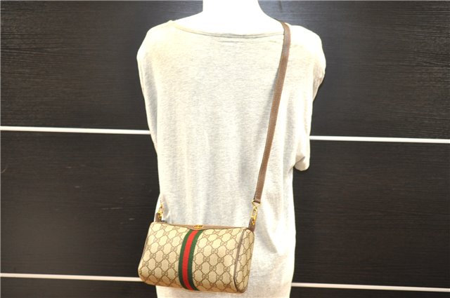 Authentic GUCCI Web Sherry Line Shoulder Cross Bag GG PVC Leather Brown 1991G