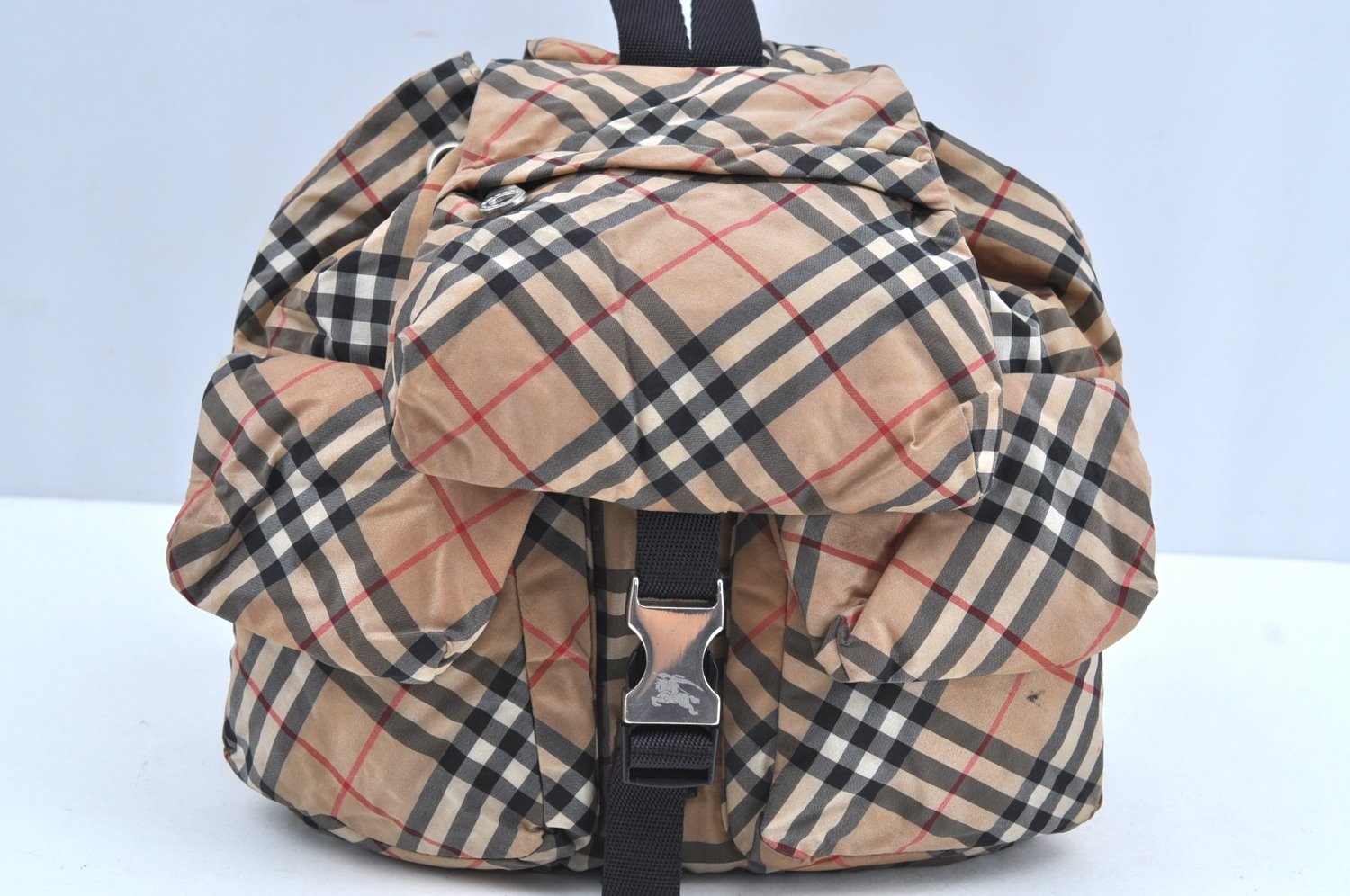 Authentic BURBERRY BLUE LABEL Check Backpack Purse Nylon Leather Beige 1992H