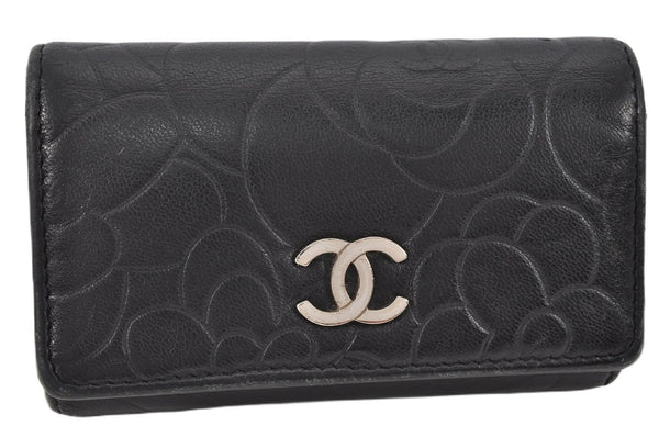 Authentic CHANEL Camellia Vintage Calf Skin CC Logo Key Case Black 1997G