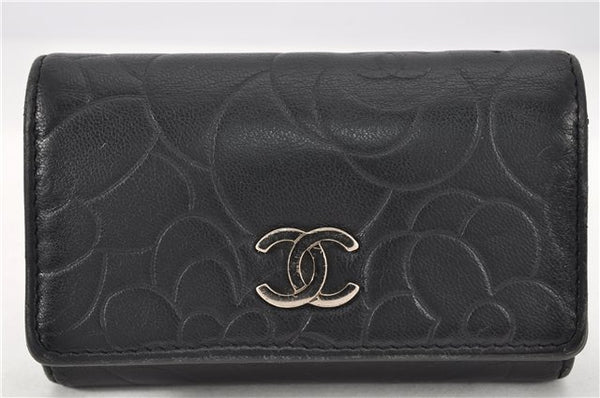 Authentic CHANEL Camellia Vintage Calf Skin CC Logo Key Case Black 1997G