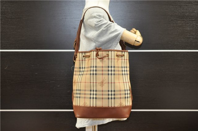 Authentic BURBERRY Nova Check PVC Leather Shoulder Drawstring Bag Beige 1998G