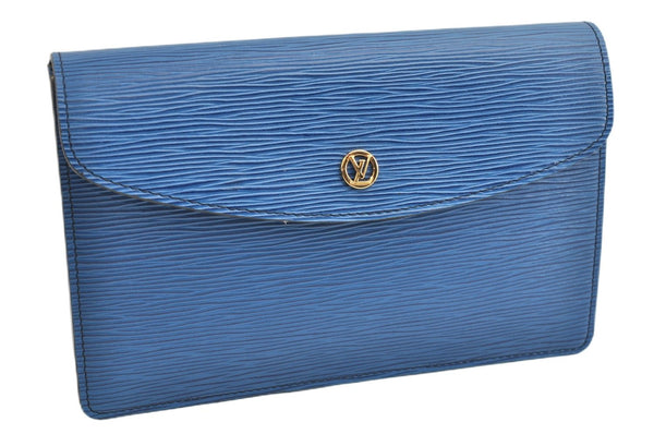 Authentic Louis Vuitton Epi Montaigne 23 Clutch Hand Bag Blue M52665 LV 2014G
