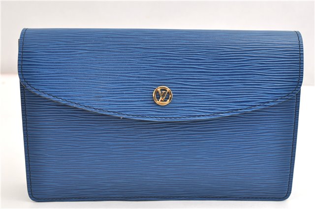 Authentic Louis Vuitton Epi Montaigne 23 Clutch Hand Bag Blue M52665 LV 2014G