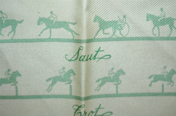 Authentic HERMES Petit Carre 40 Scarf "Saut Galop Canter Rack" Silk Green 2015I