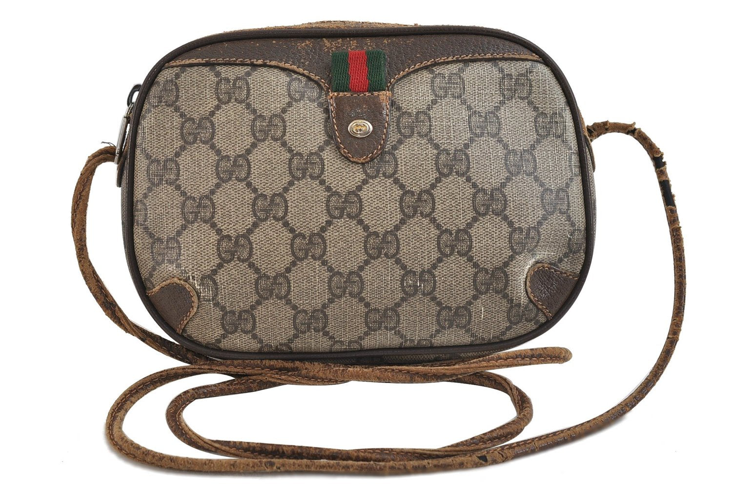 Authentic GUCCI Web Sherry Line Shoulder Cross Bag GG PVC Leather Brown 2017D