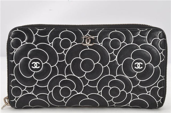 Authentic CHANEL Camellia Calf Skin CC Logo Long Wallet Purse Black 2039G