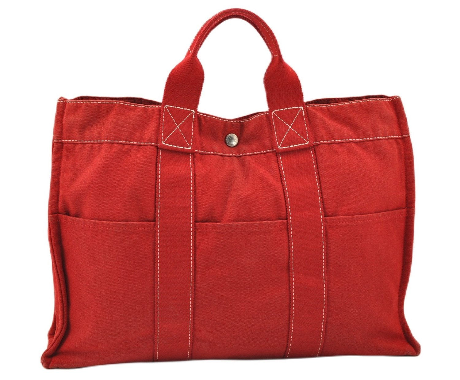 Authentic HERMES Deauville MM Hand Tote Bag Canvas Red 2045G