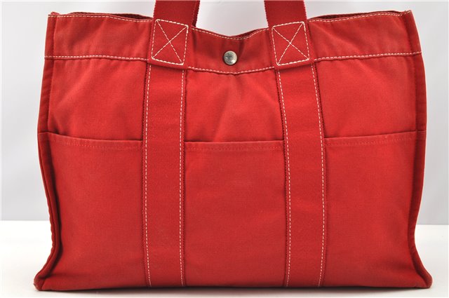 Authentic HERMES Deauville MM Hand Tote Bag Canvas Red 2045G