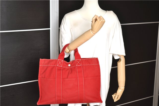 Authentic HERMES Deauville MM Hand Tote Bag Canvas Red 2045G