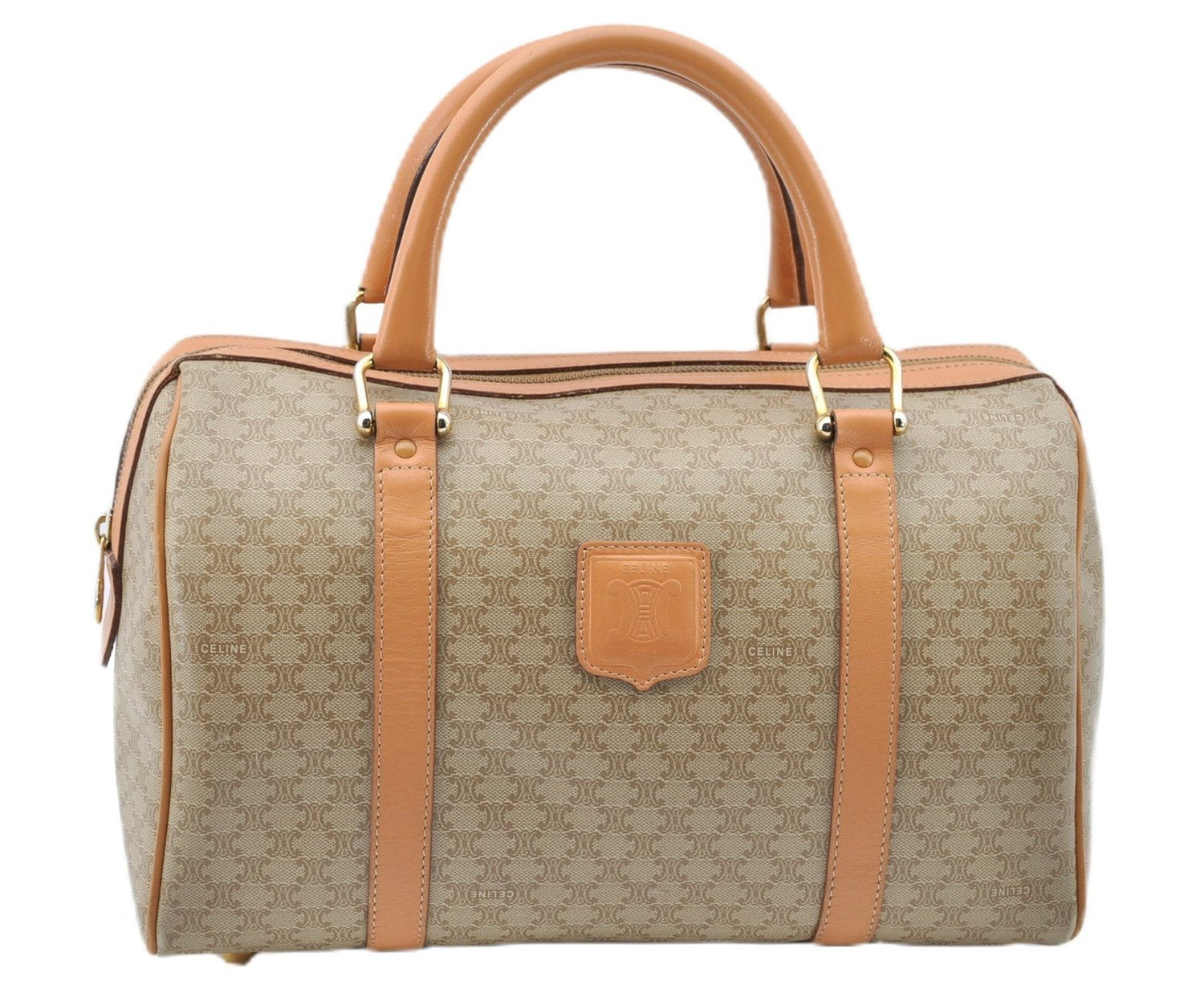 Authentic CELINE Macadam Blason Pattern Hand Boston Bag PVC Leather Beige 2049G
