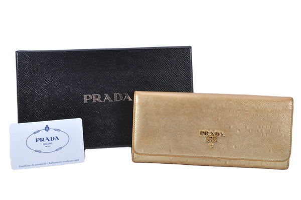 Authentic PRADA Saffiano Metal Leather Long Wallet Purse 1ML183 Gold Box 2051G