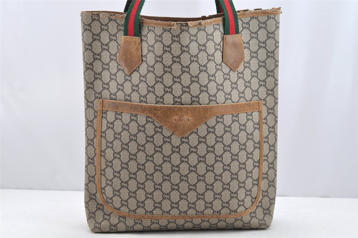 Authentic GUCCI Web Sherry Line GG Plus Tote Bag GG PVC Leather Brown 2058I