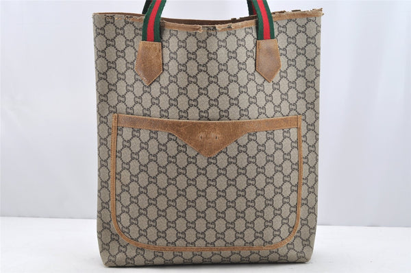 Authentic GUCCI Web Sherry Line GG Plus Tote Bag GG PVC Leather Brown 2058I