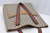 Authentic GUCCI Web Sherry Line GG Plus Tote Bag GG PVC Leather Brown 2058I