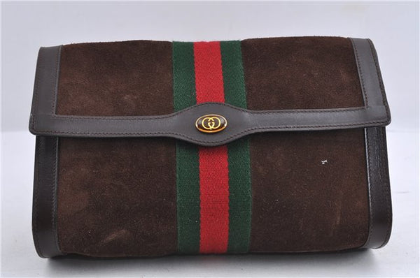 Authentic GUCCI Web Sherry Line Clutch Hand Bag Purse Suede Leather Brown 2060D