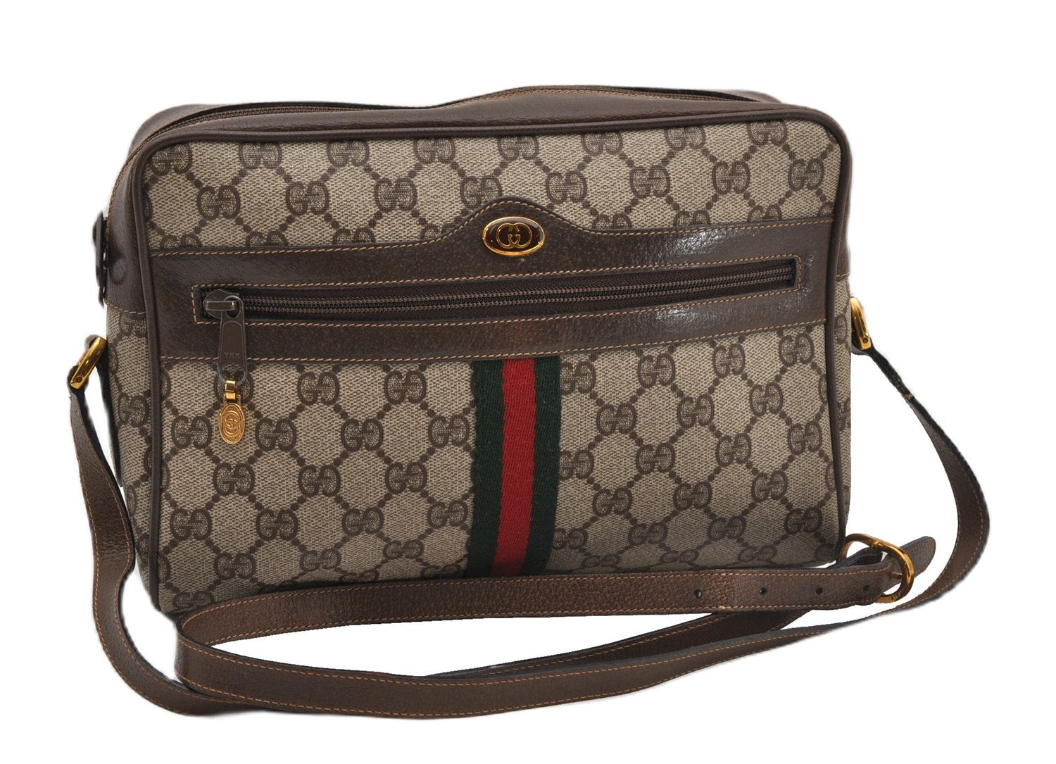 Authentic GUCCI Web Sherry Line Shoulder Bag GG PVC Leather Brown Junk 2063G