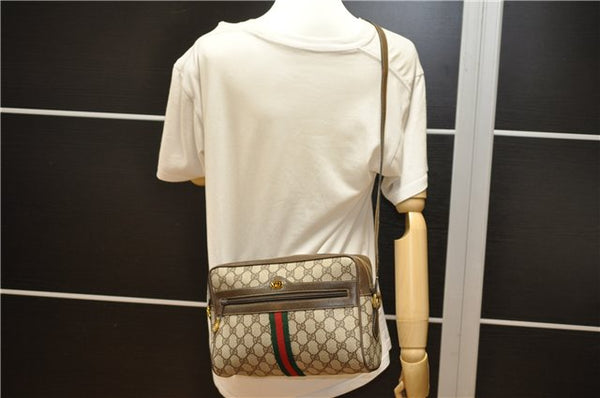 Authentic GUCCI Web Sherry Line Shoulder Bag GG PVC Leather Brown Junk 2063G