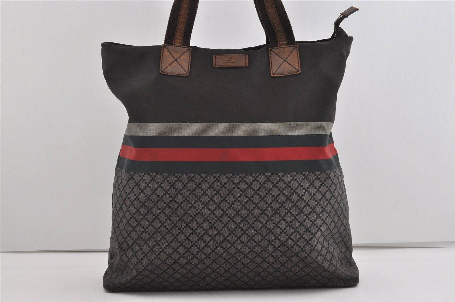 Authentic GUCCI Vintage Diamante Hand Tote Bag Nylon Leather 268112 Brown 2069I