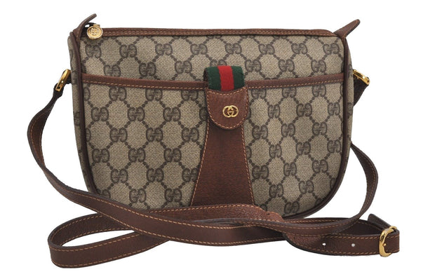 Authentic GUCCI Web Sherry Line Shoulder Cross Bag GG PVC Leather Brown 2077I