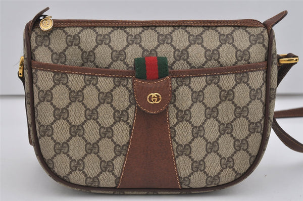 Authentic GUCCI Web Sherry Line Shoulder Cross Bag GG PVC Leather Brown 2077I