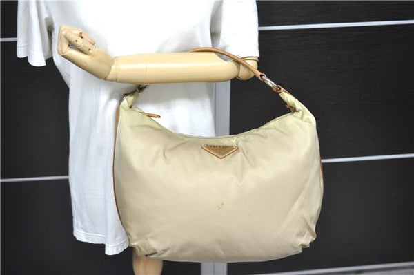 Authentic PRADA Nylon Leather Hand Shoulder Bag Purse Beige 2083D