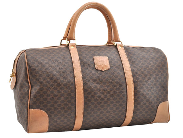 Authentic CELINE Macadam Blason Travel Boston Bag PVC Leather Brown 2096G