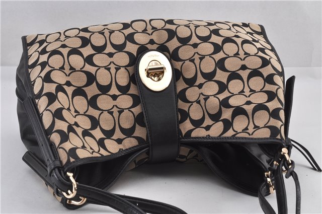 Auth COACH Signature Shoulder Hand Bag Canvas Leather 32907 Black Beige 2098F