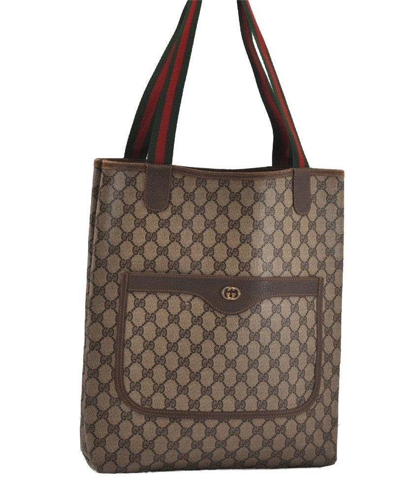 Authentic GUCCI Web Sherry Line Shoulder Tote Bag GG PVC Leather Brown 2098I