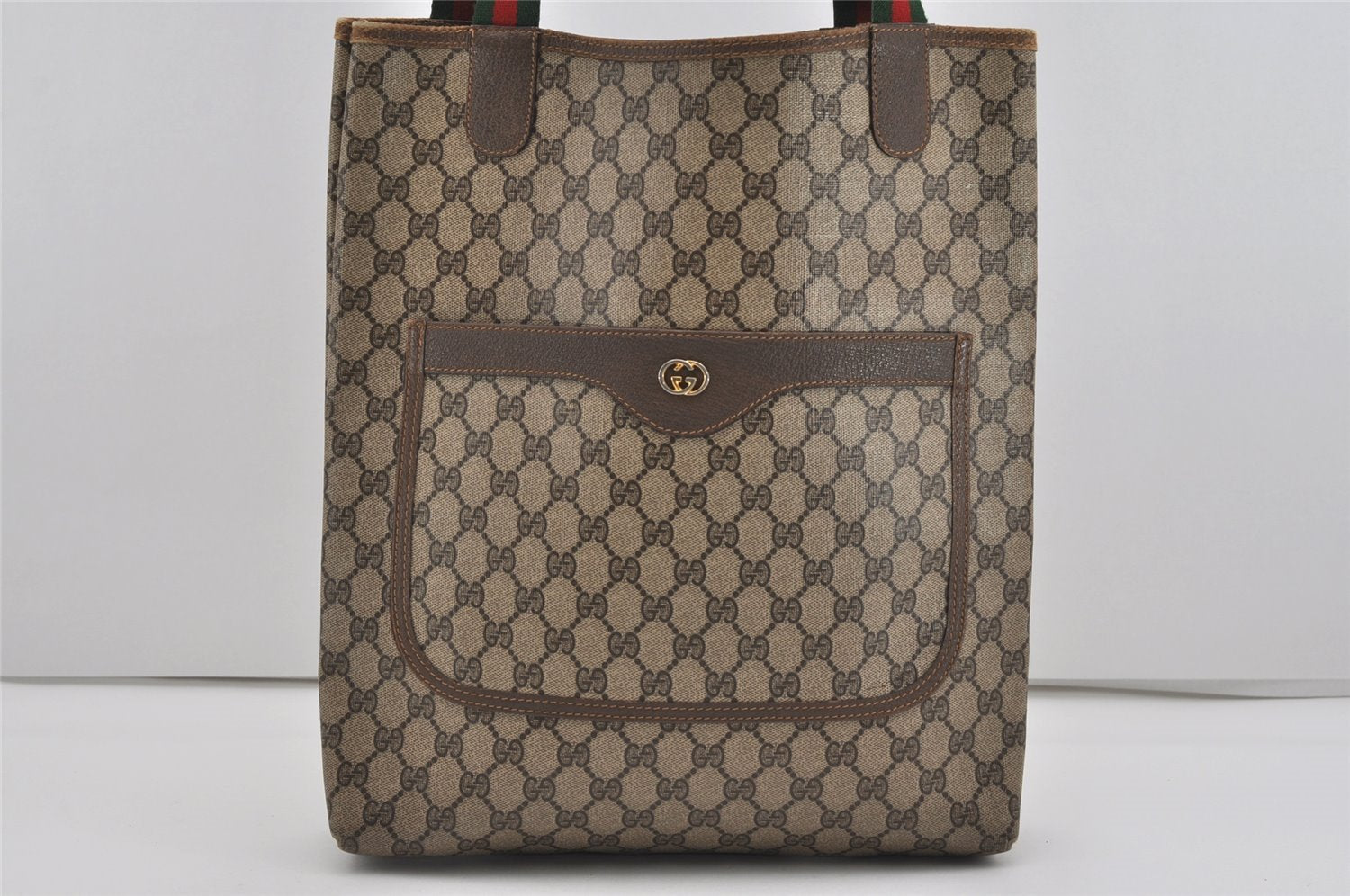 Authentic GUCCI Web Sherry Line Shoulder Tote Bag GG PVC Leather Brown 2098I