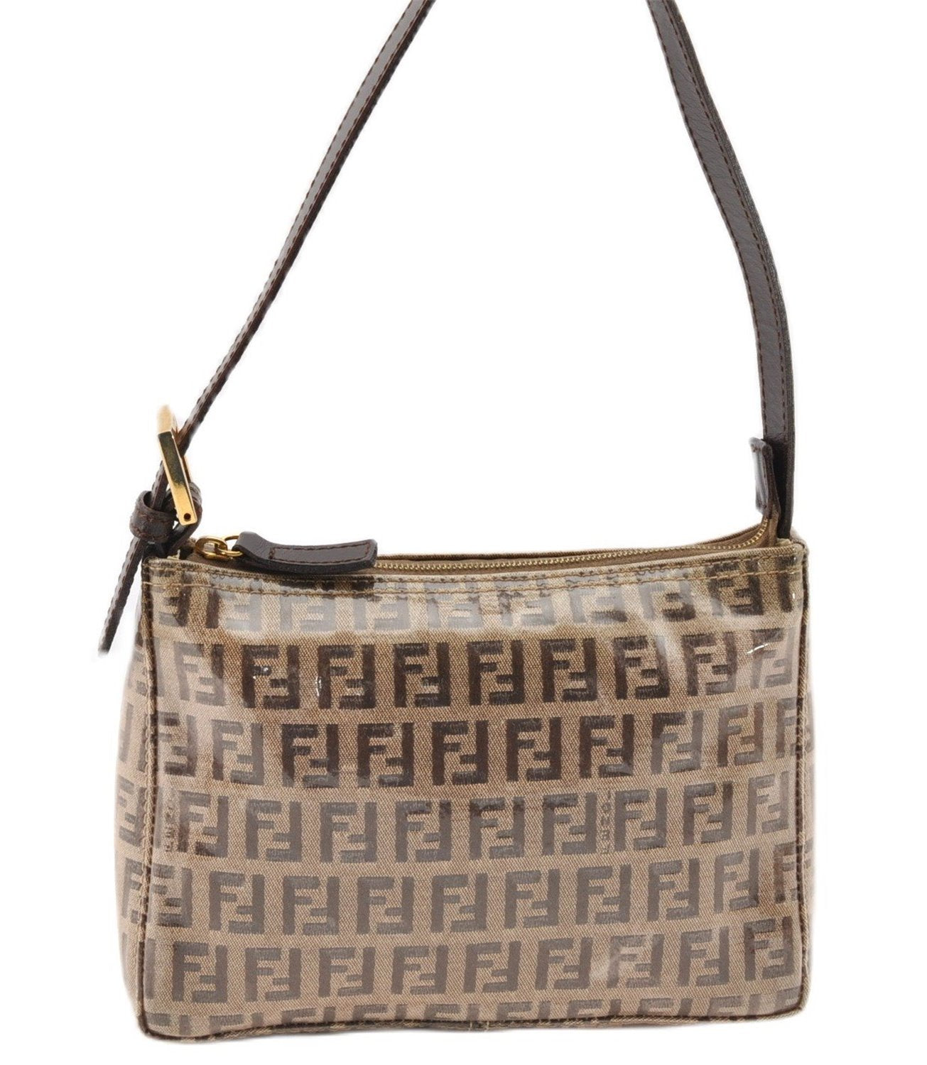 Authentic FENDI Zucchino Vintage Hand Bag Pouch Purse PVC Leather Brown 2105G