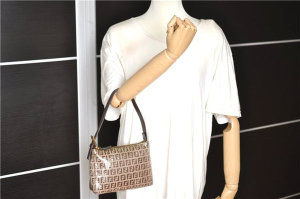 Authentic FENDI Zucchino Vintage Hand Bag Pouch Purse PVC Leather Brown 2105G