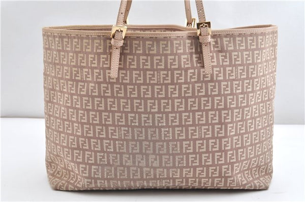 Authentic FENDI Zucchino Shoulder Tote Bag Canvas Leather Beige Pink 2106G