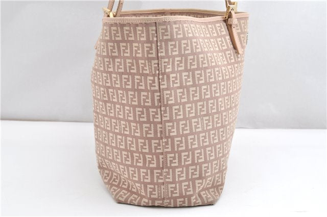 Authentic FENDI Zucchino Shoulder Tote Bag Canvas Leather Beige Pink 2106G