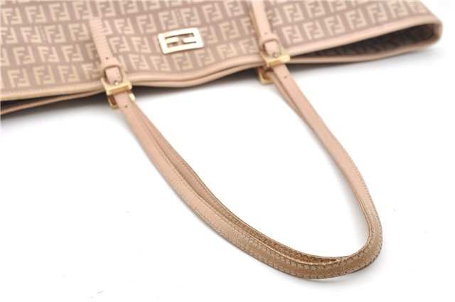 Authentic FENDI Zucchino Shoulder Tote Bag Canvas Leather Beige Pink 2106G
