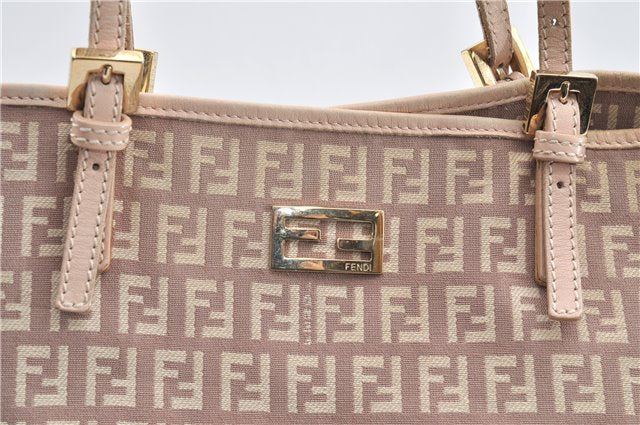 Authentic FENDI Zucchino Shoulder Tote Bag Canvas Leather Beige Pink 2106G