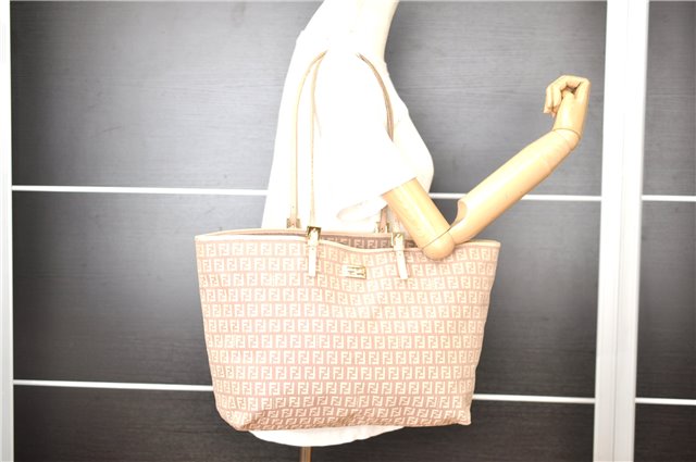 Authentic FENDI Zucchino Shoulder Tote Bag Canvas Leather Beige Pink 2106G