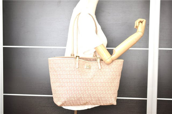 Authentic FENDI Zucchino Shoulder Tote Bag Canvas Leather Beige Pink 2106G