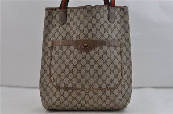 Authentic GUCCI Web Sherry Line Shoulder Tote Bag GG PVC Leather Brown 2110D