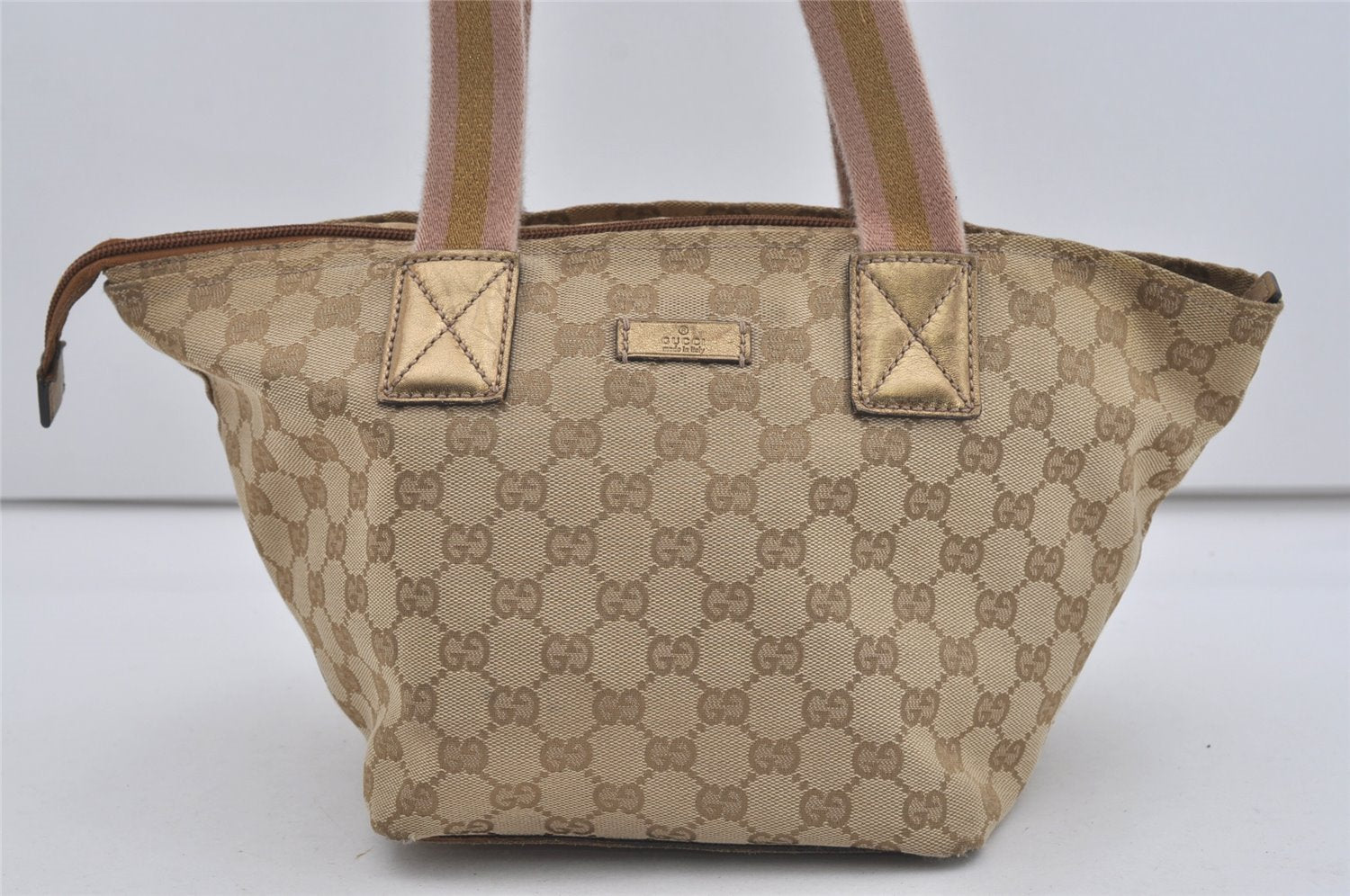 Authentic GUCCI Sherry Line Hand Tote Bag GG Canvas Leather 131228 Beige 2111I