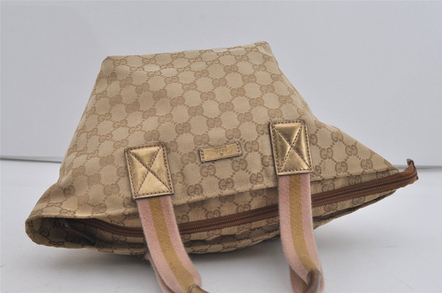 Authentic GUCCI Sherry Line Hand Tote Bag GG Canvas Leather 131228 Beige 2111I