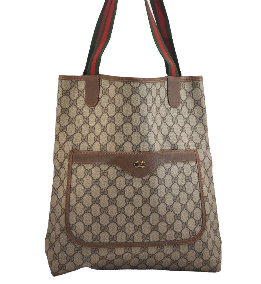 Authentic GUCCI Web Sherry Line Shoulder Tote Bag GG PVC Leather Brown 2113I