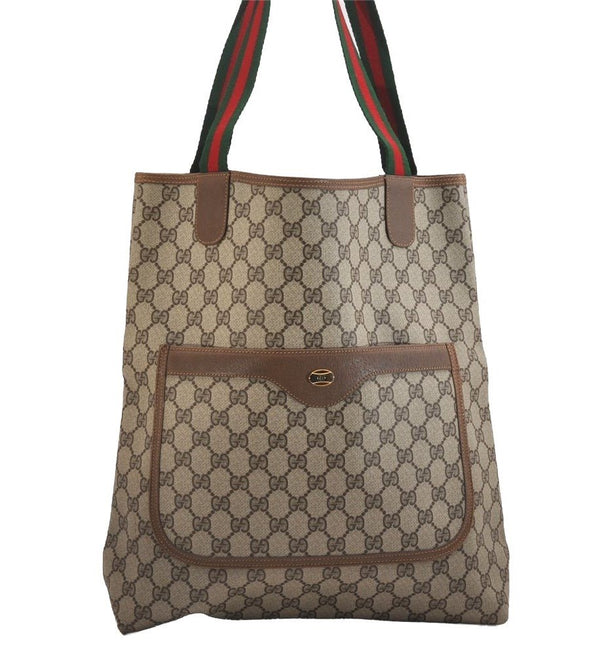 Authentic GUCCI Web Sherry Line Shoulder Tote Bag GG PVC Leather Brown 2113I