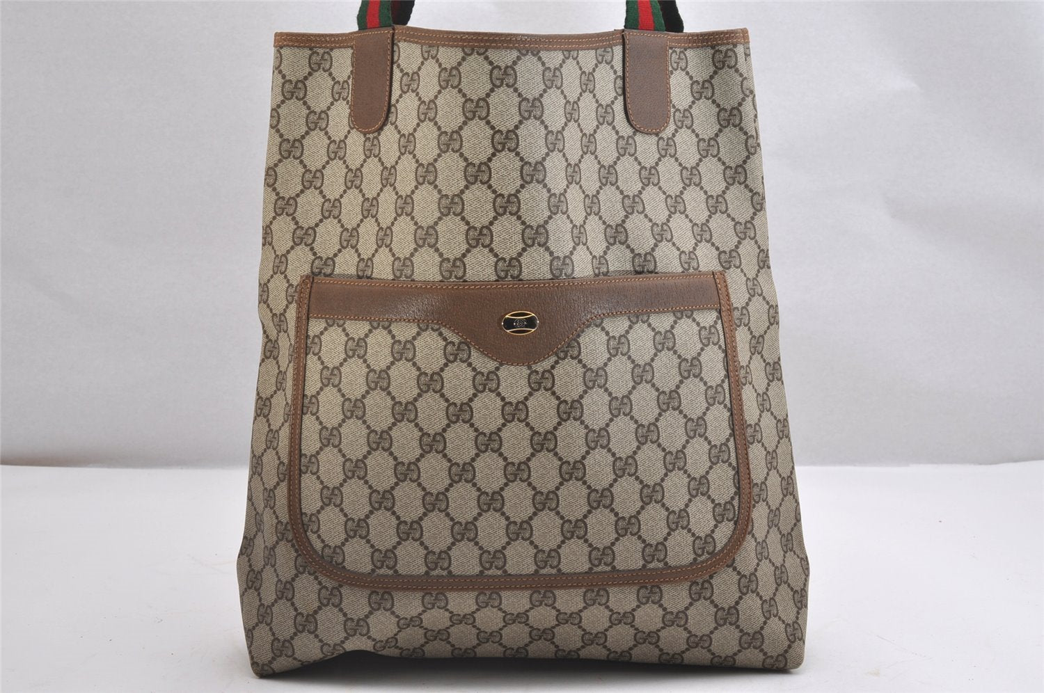 Authentic GUCCI Web Sherry Line Shoulder Tote Bag GG PVC Leather Brown 2113I