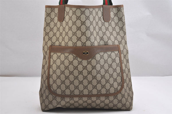 Authentic GUCCI Web Sherry Line Shoulder Tote Bag GG PVC Leather Brown 2113I