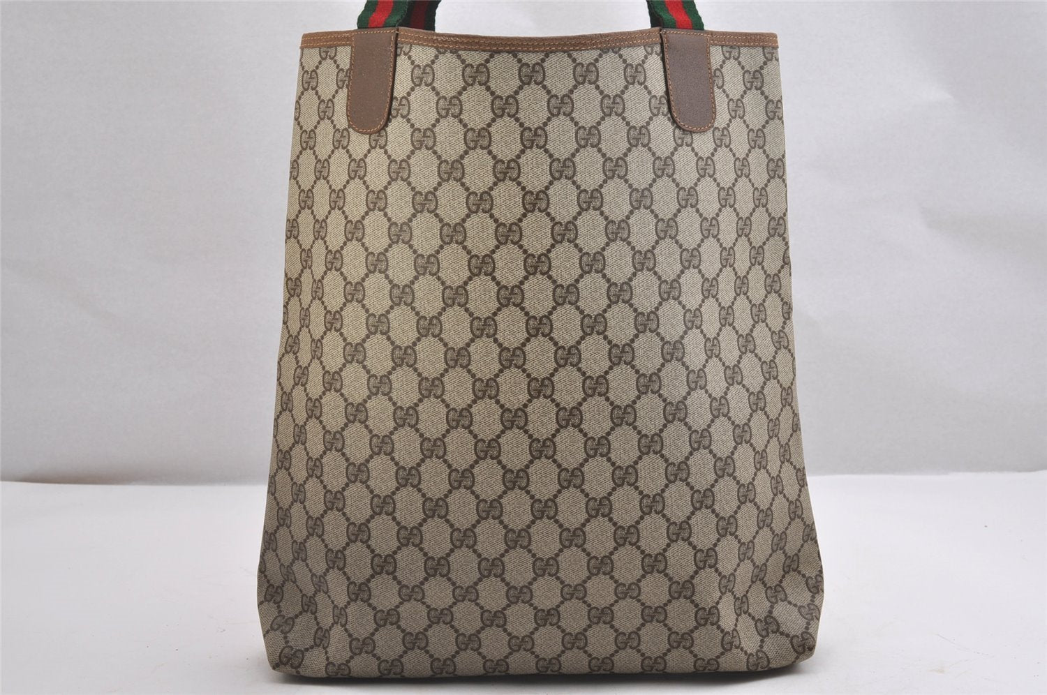 Authentic GUCCI Web Sherry Line Shoulder Tote Bag GG PVC Leather Brown 2113I