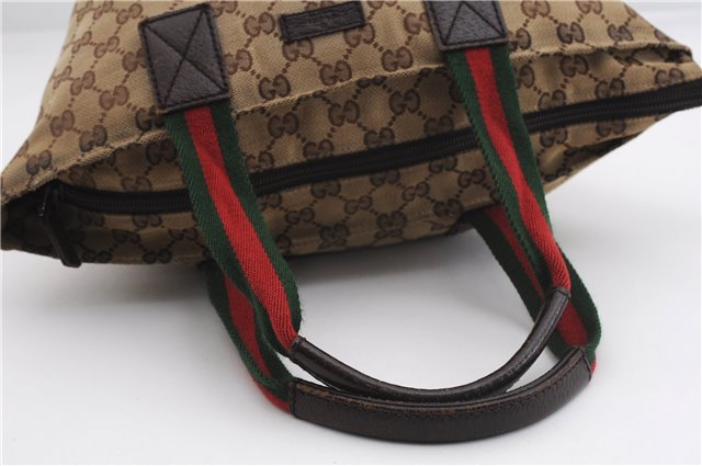 Authentic GUCCI Web Sherry Line Hand Bag GG Canvas Leather 131228 Brown 2119F