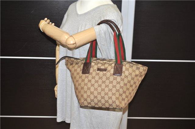 Authentic GUCCI Web Sherry Line Hand Bag GG Canvas Leather 131228 Brown 2119F