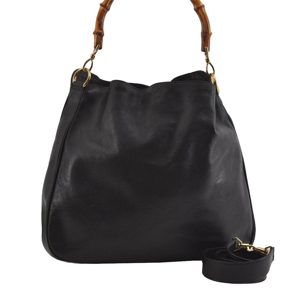 Authentic GUCCI Bamboo 2Way Shoulder Hand Bag Leather Black Junk 2121I