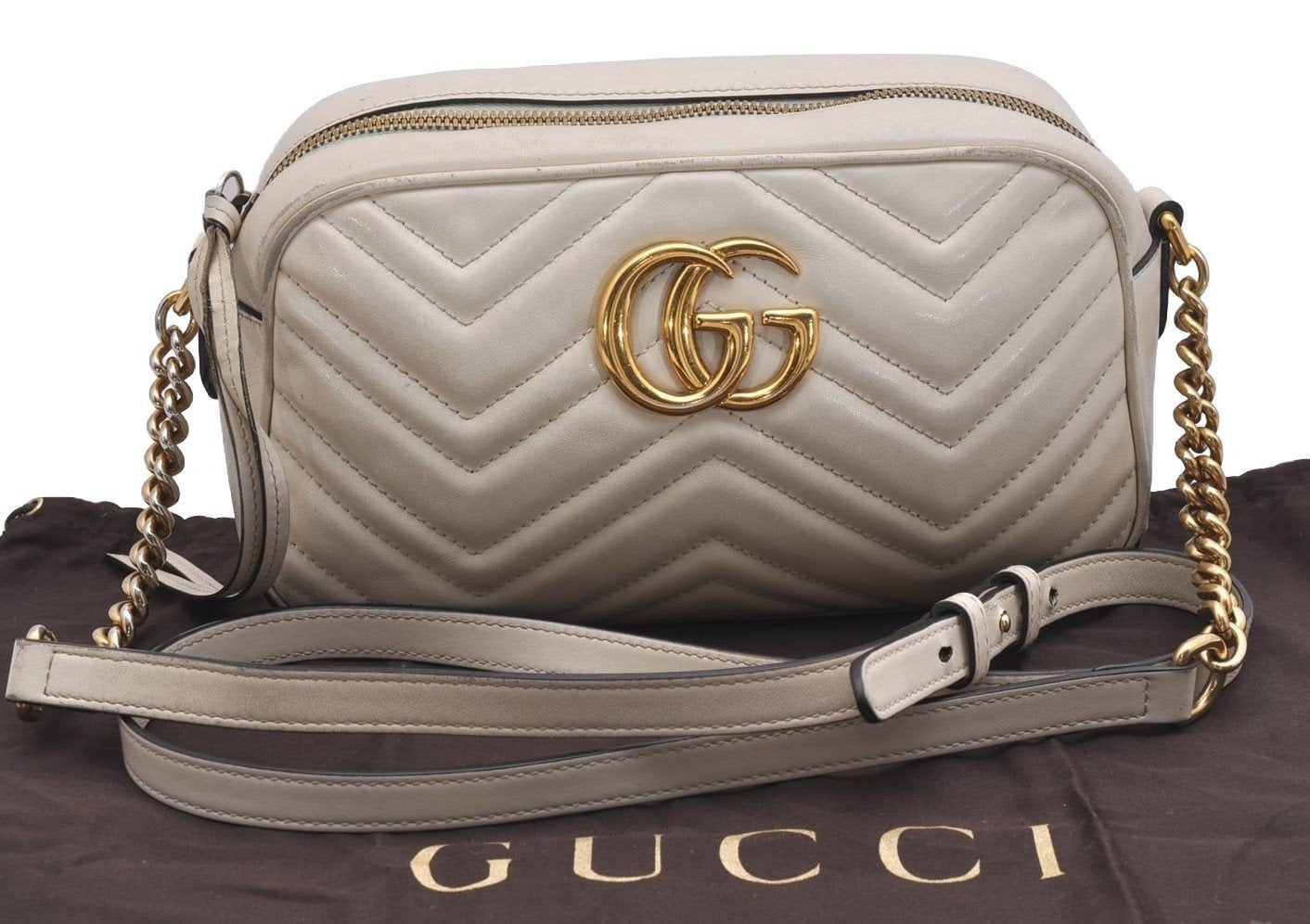 Authentic GUCCI GG Marmont Chain Shoulder Cross Body Bag Leather White 2123I